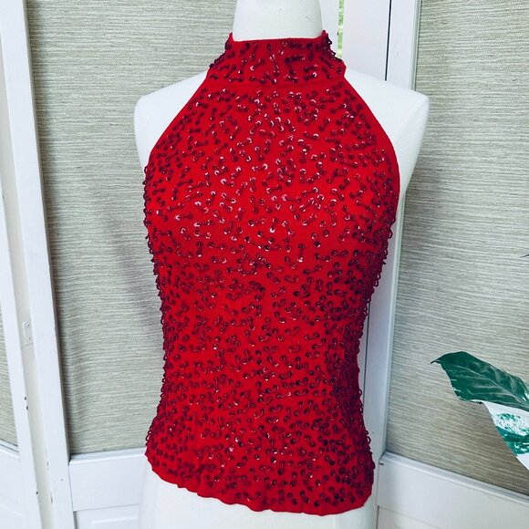 Vintage 90s Sleeveless Sequined Beaded Red Tank Sweater Dressy Xmas Sweater - Picture 1 of 7